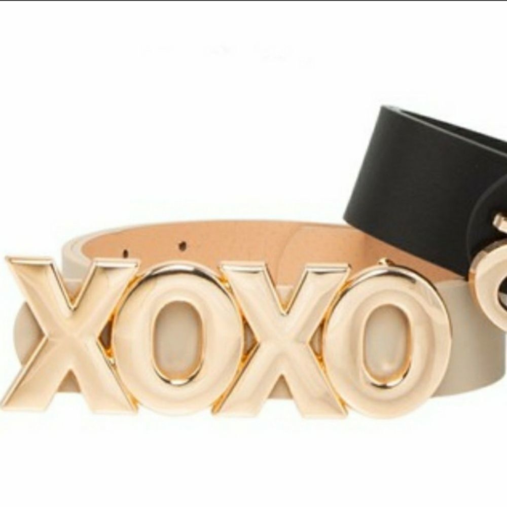 MIZ Long Love XOXO Gold Buckle Nude Faux Vegan Leather Belt